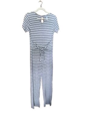 Striped Short-Sleeve Tie-Waist Jumpsuit - Gray NWOT